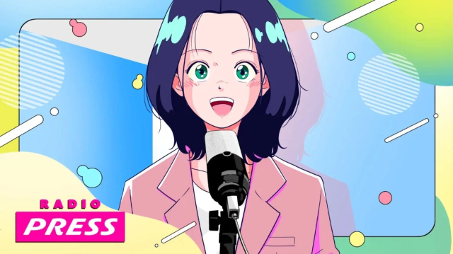 マイクに向かって話すアニメの女性のイラスト