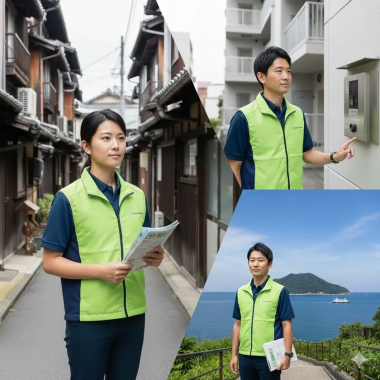 制服姿の男女が様々な場所で仕事をする様子