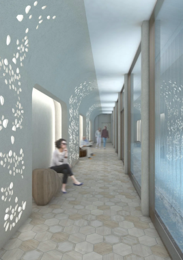 葉のような抽象的な模様の壁と六角形タイルのモダンな廊下