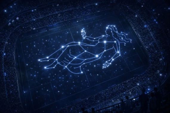 夜のスタジアムにプロジェクションマッピングで映し出された星座