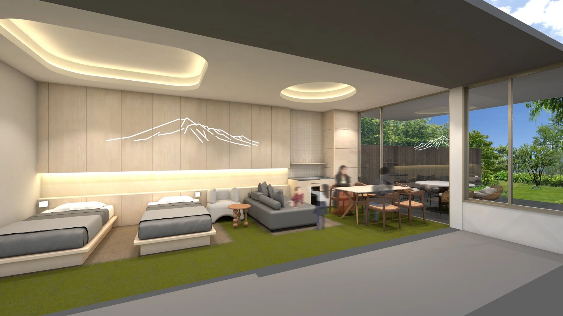 山脈モチーフの壁と緑のカーペットのモダンな客室