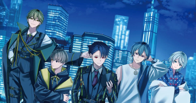 青い光に照らされた夜の都市を背景に、5人のアニメ風男性キャラクター
